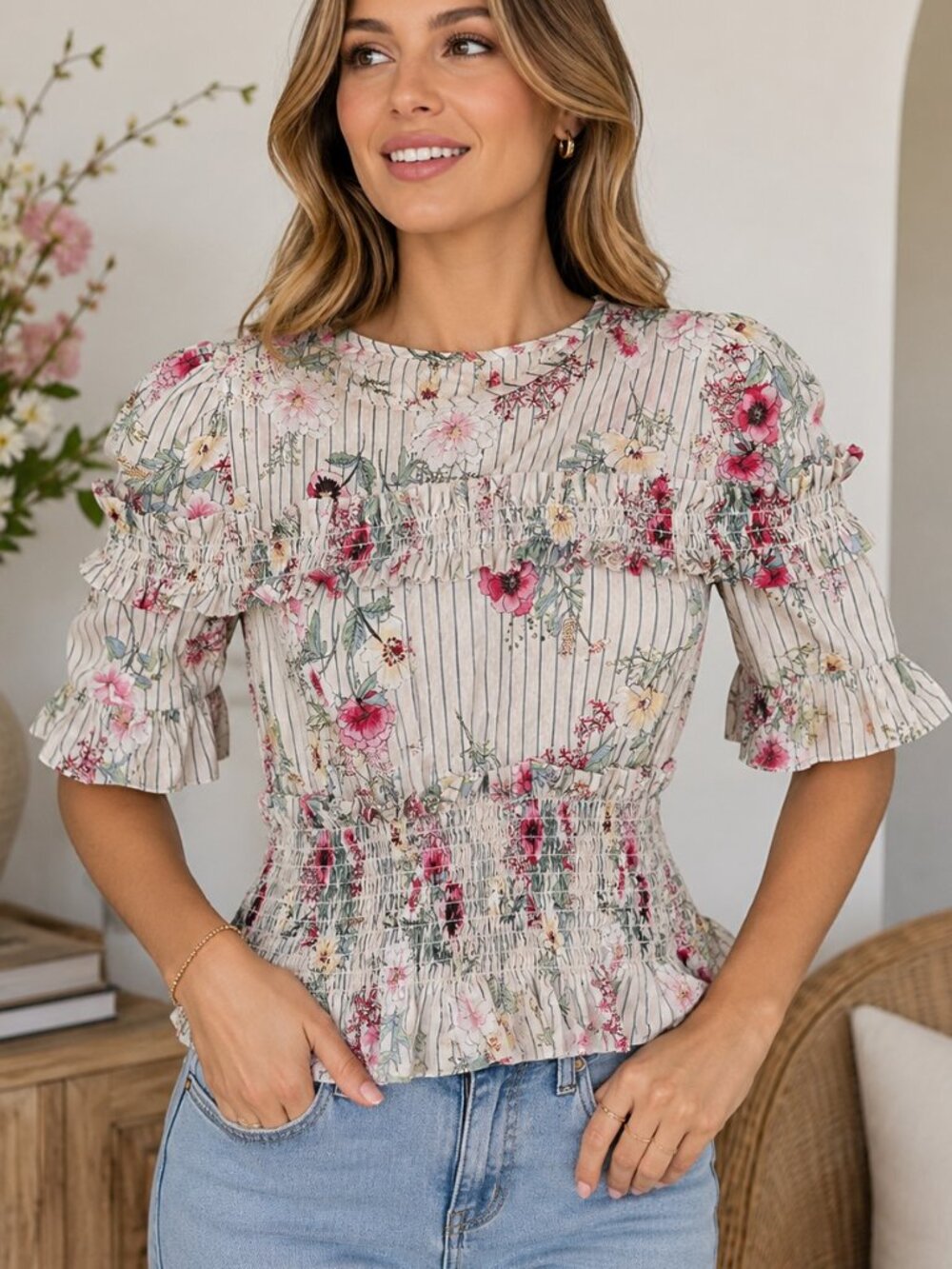 🌸 H&M Floral Smocked Ruffle Blouse | Romantic + Feminine | Size 10
